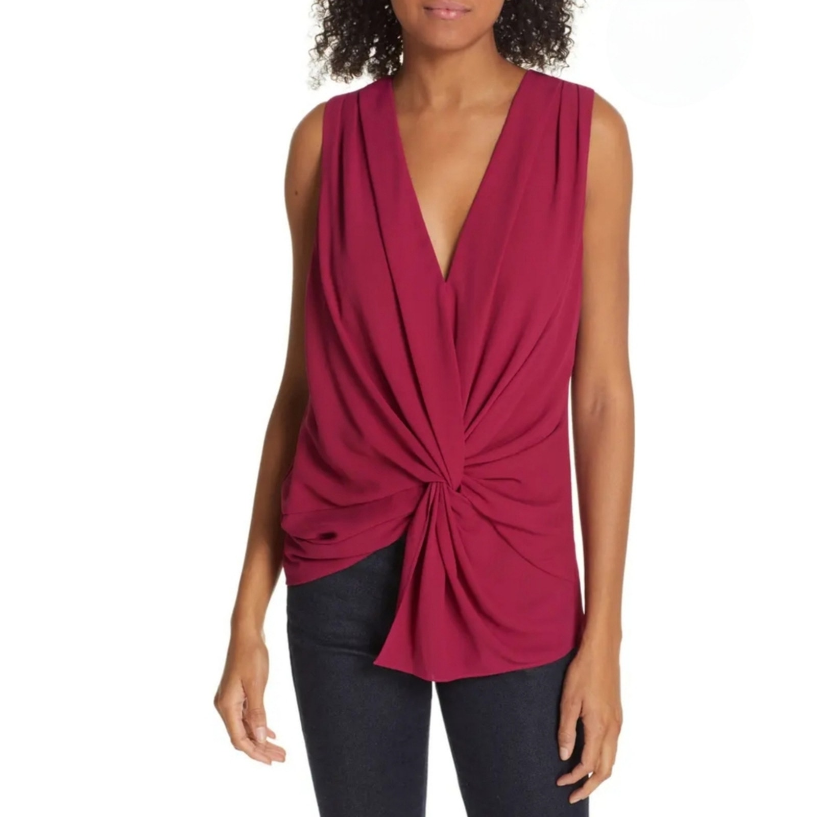 Nwt Cinq A Sept Abby Asymmetric Twist Front V-Neck Sleeveless Top In Tulip Sz Lg